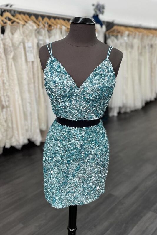 Two Piece Blue Sequins Tight Homecoming Dresses,Sparkly Cocktail Party Dress