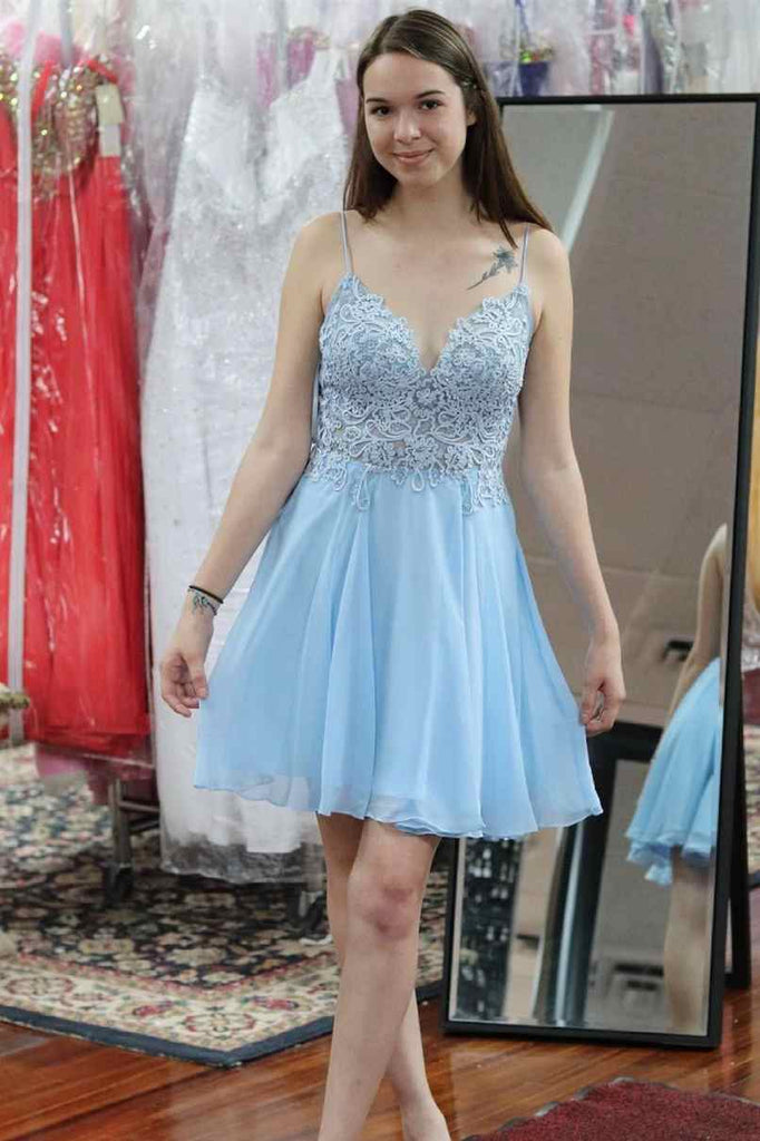 Chic A Line Spaghetti Straps Light Blue Short Homecoming Dress with Sequins main image 1