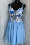 Blue Floral Embroidered A-line Short Homecoming Dresses