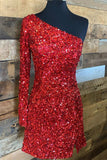 Red Sequins One-shoulder Long Sleeve Party Dress,Graduation Dresses