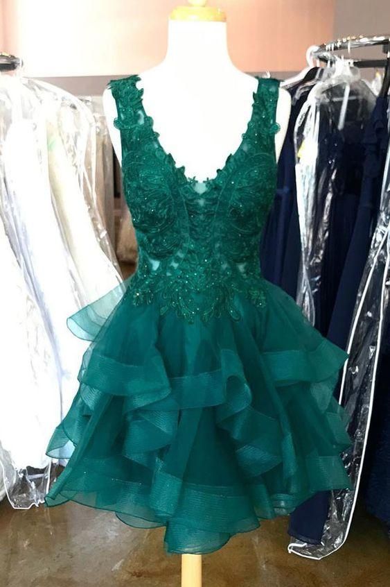 Princess Lace Appliques Dark Green Homecoming Dress with Flounced,Short Prom Dresses