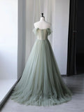 A-Line Green Tulle Long Prom Dress,Unique Formal Evening Dresses