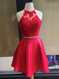 Simple red two pieces short lace prom dress, red homecoming dress