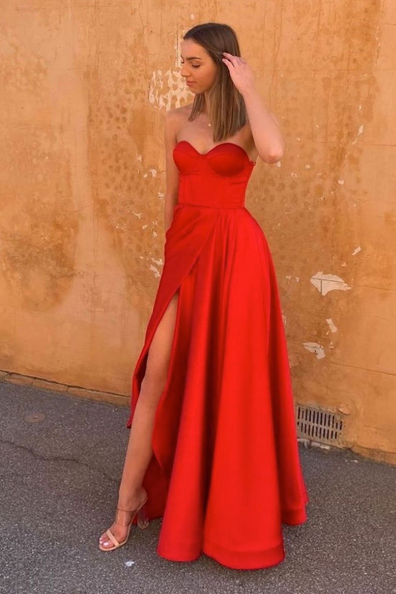 Simple red satin long prom dress red formal dress