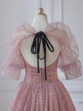 Pink A-line tulle lace long prom dress, pink lace formal dress