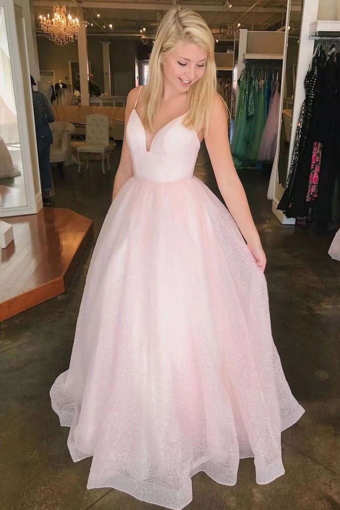 Sparkly Pink Long Prom Dress,Formal Dresses A-line Tulle Graduation Gown