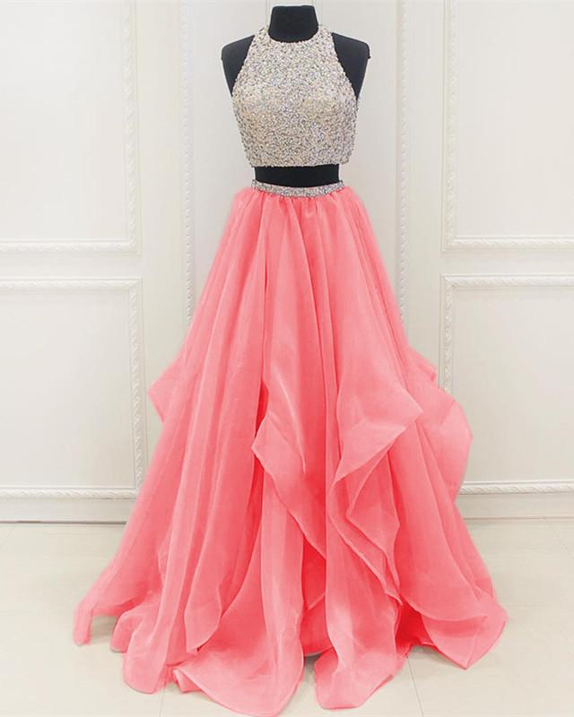 Sequins Beaded Organza Layered Two Piece Ball Gowns Prom Dress,Wedding Party Dress