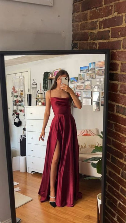 Spaghetti Straps Burgundy Long Prom Dresses,Leg Split Evening Gown – jkprom