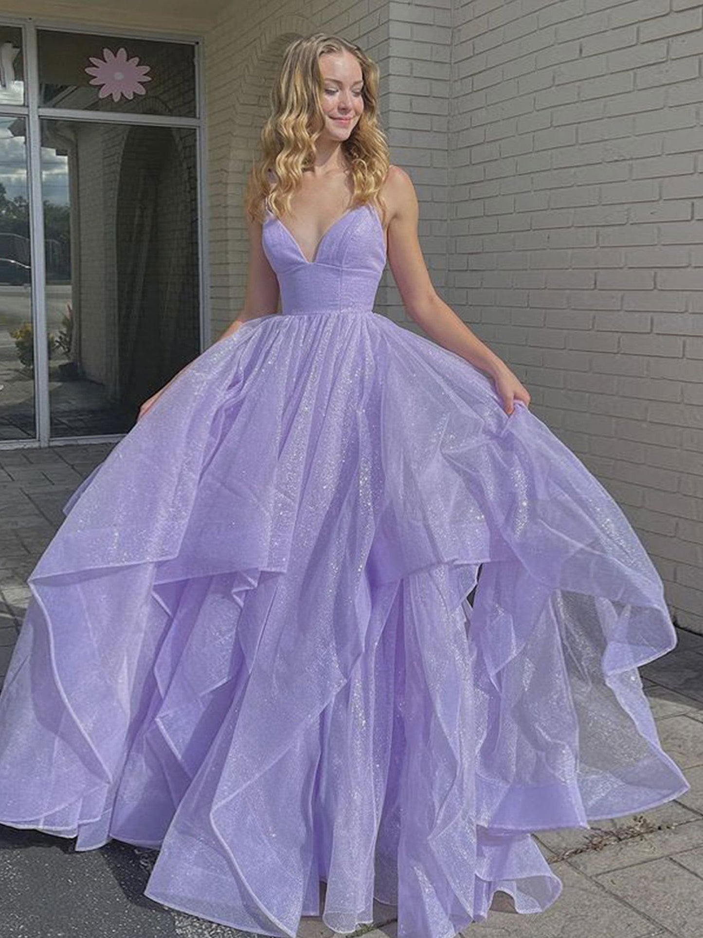 Purple v neck tulle long prom dress purple evening dress