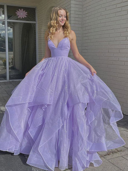 Purple v neck tulle long prom dress purple evening dress