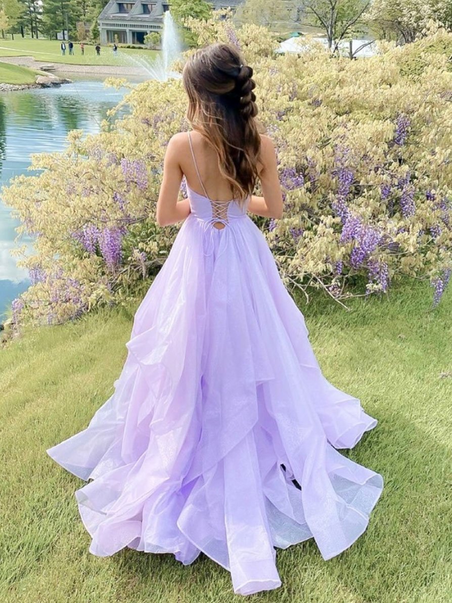 Purple v neck tulle long prom dress purple evening dress