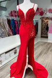 Red Applique Plunge V Mermaid Long Formal Dress Prom Dresses with Slit