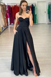 Simple black satin long prom dress black satin evening dress