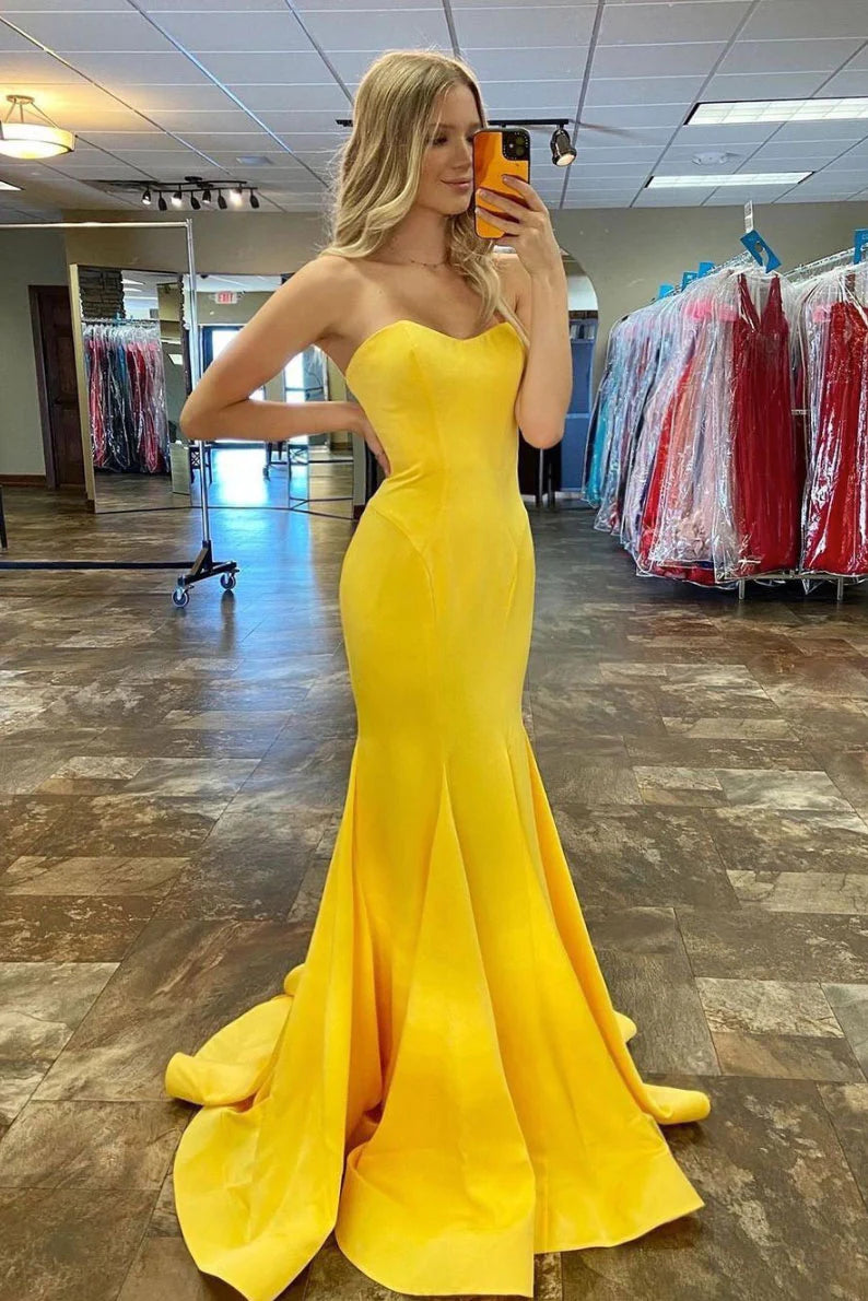 Simple Yellow Satin Long Prom Dress Mermaid Formal Dresses