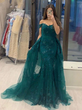 Off Shoulder Mermaid Green Lace Long Prom Dresses, Mermaid Green Lace Formal Dresses, Green Lace Evening Dresses
