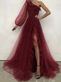 Simple burgundy one shoulder long prom dress, burgundy evening dress