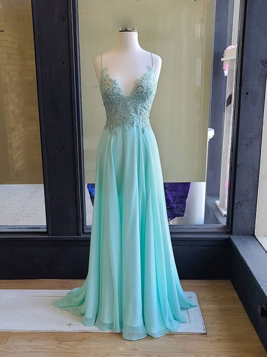 Green v neck lace chiffon long prom dress, lace evening dress