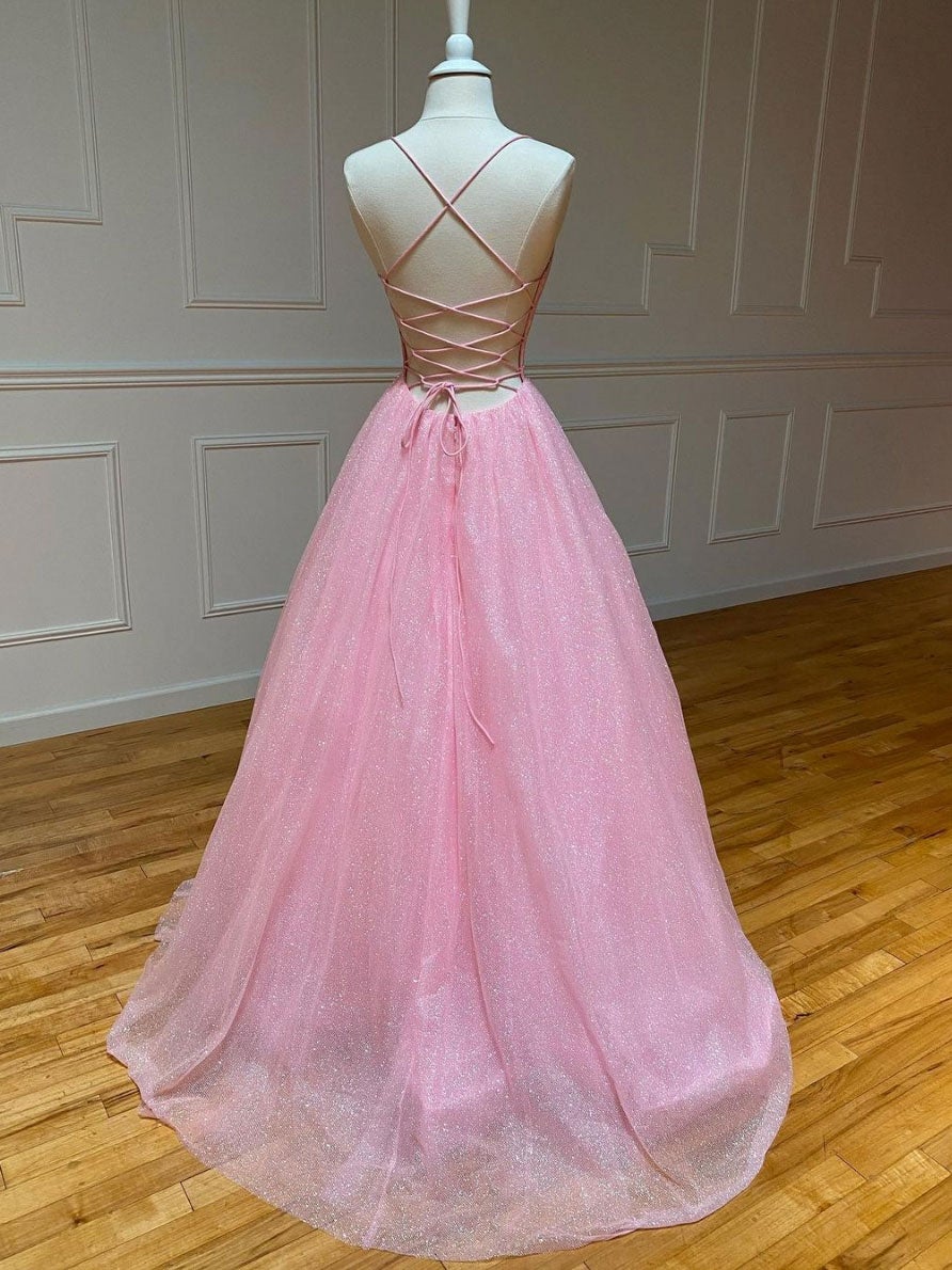 Pink A-line v neck tulle long prom dress, pink evening dress