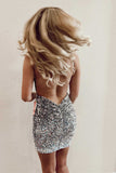 Silver V Neck Backless Mini Party Dresses Homecoming Dress Sequins