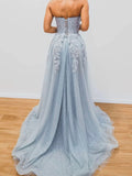 Gray Blue Tulle Sequin Long Prom Dress,Front Slit Graduation Holiday Dresses