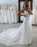 Dream White Chiffon Boho A-Line Wedding Dress with Lace