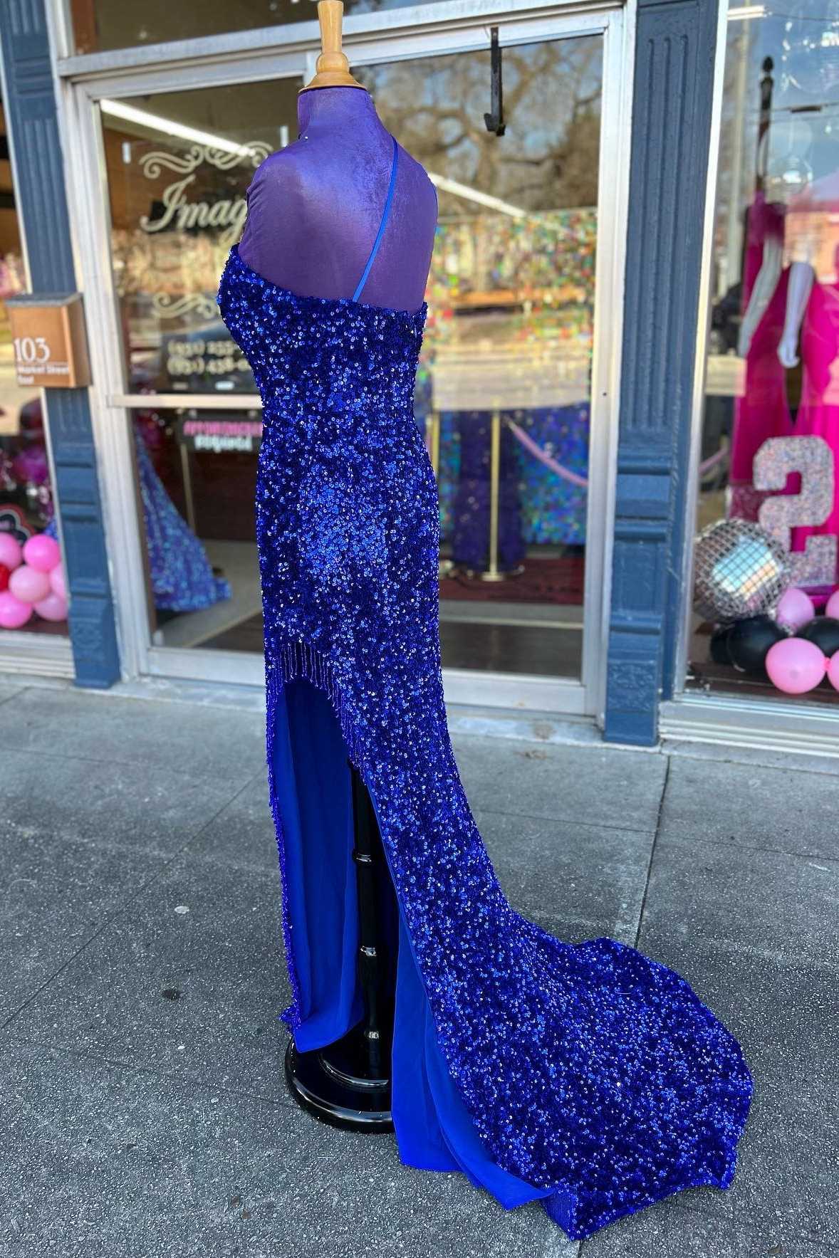 Royal Blue Sequin One-Shoulder Long Prom Dresses with Slit jkprom Royal Blue Sequin One-Shoulder Long Prom Dresses with Slit jkprom