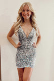 Silver V Neck Backless Mini Party Dresses Homecoming Dress Sequins