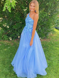 Blue one shoulder sequin tulle long prom dress blue evening dress