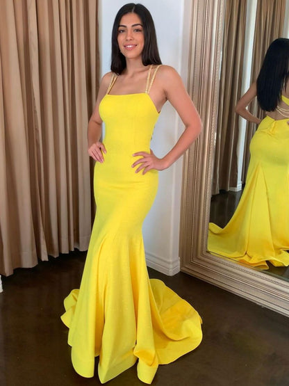 Simple yellow satin long prom dress, mermaid long evening dress