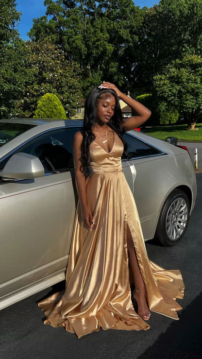 A Line V Neck Gold Satin Long Prom Dress,Formal Gown – jkprom A Line V Neck Gold Satin Long Prom Dress,Formal Gown – jkprom
