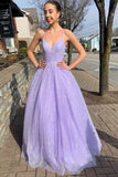 Sparkle Lilac Long Prom Dresses A-line V-neck Formal Dress