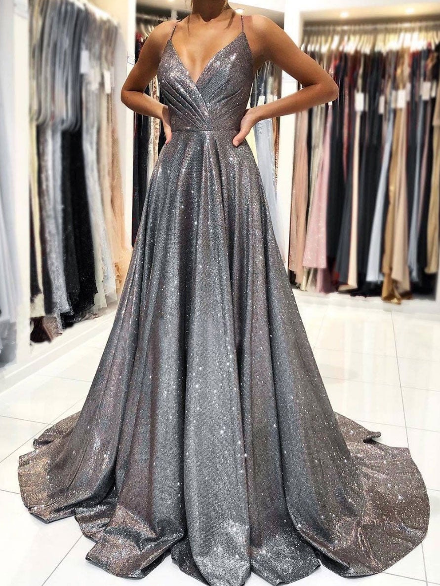Simple gray v neck satin long prom dress, gray evening dress