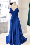 Royal blue lace satin long prom dress blue formal dress