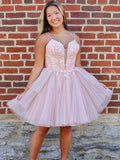 Pink A-line tulle lace short cocktail dress,semi formal dresses