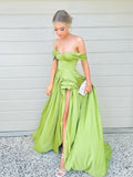 Simple green off shoulder satin long prom dress, green evening dress