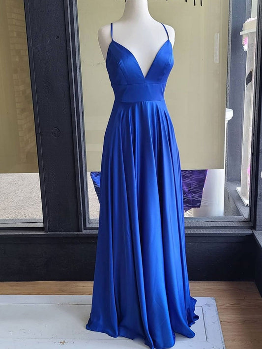 Simple blue satin long prom dress, blue satin evening dress