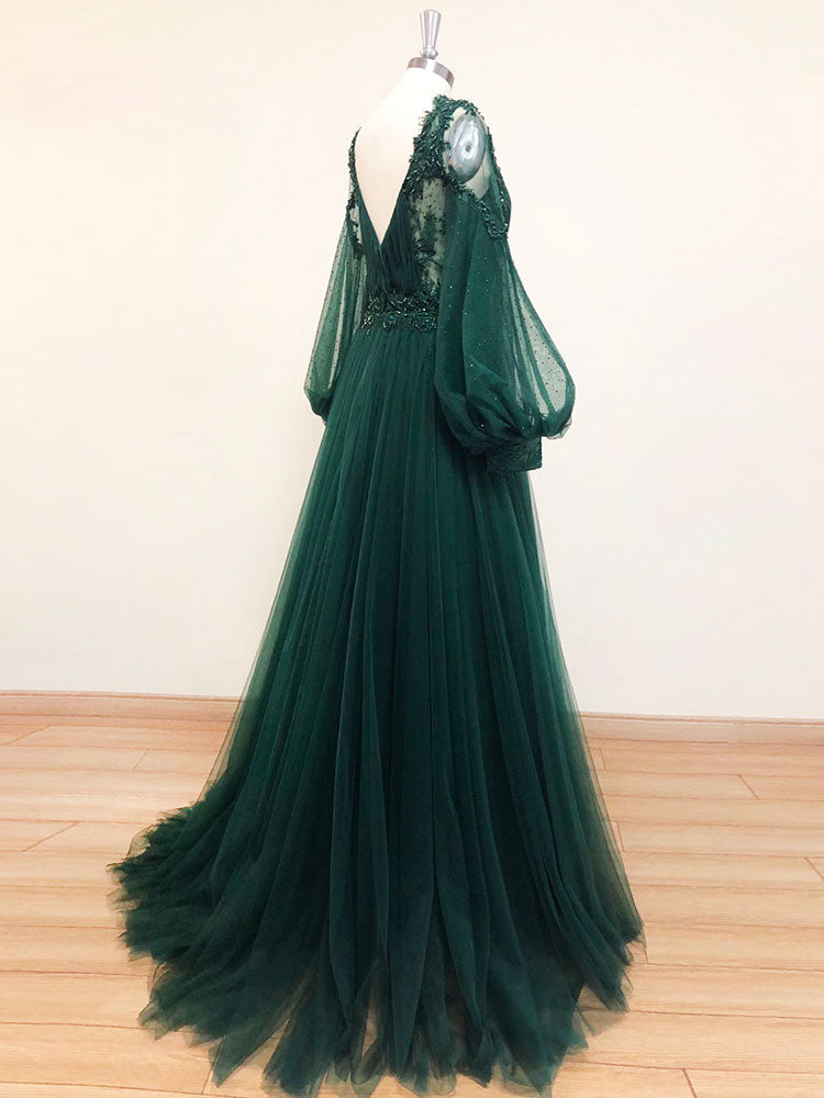 Elegant Dark Green V-neck Sexy Sleeveless A-line Prom Dress