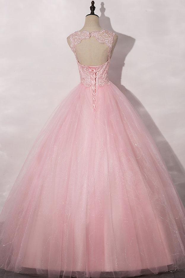 Pink round neck tulle lace long prom dress pink tulle formal dress