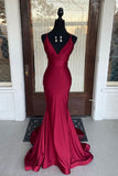 Simple burgundy v neck satin mermaid long prom dress burgundy evening dress