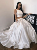 White satin two pieces long prom dresses,Graduation evening dress with Pockets