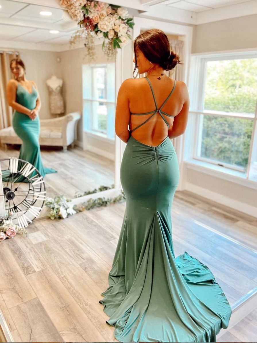 Sexy Green v neck mermaid long prom dresses, women formal evening dress