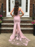 Pink satin mermaid long lace prom dress, pink bridesmaid dress