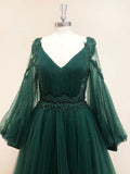Green V Neck Lace A line Long Prom Dress,Tulle Evening Dresses Long Sleeve