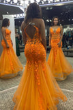 Unique Orange Appliques V-Neck Backless Mermaid Long Prom Dress