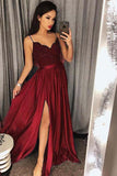 Spaghetti Straps V neck Split Prom Dress with Lace,Maxi High Split Evening Gowns