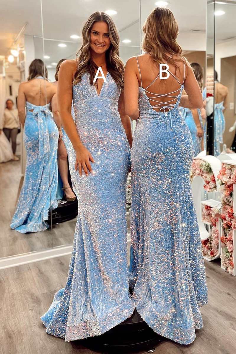 Light Blue Sequin Mermaid Long Prom Dresses,Sexy Red Formal Party Gown