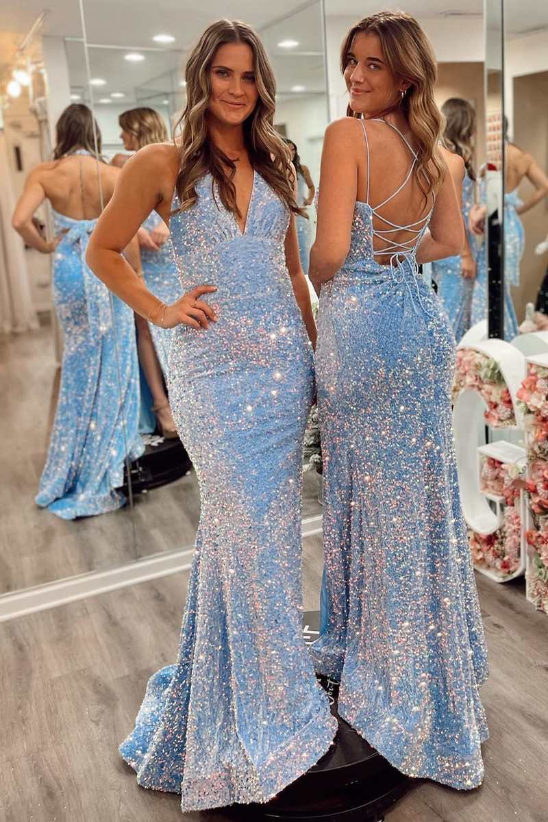 Light Blue Sequin Mermaid Long Prom Dresses Sexy Maxi – jkprom