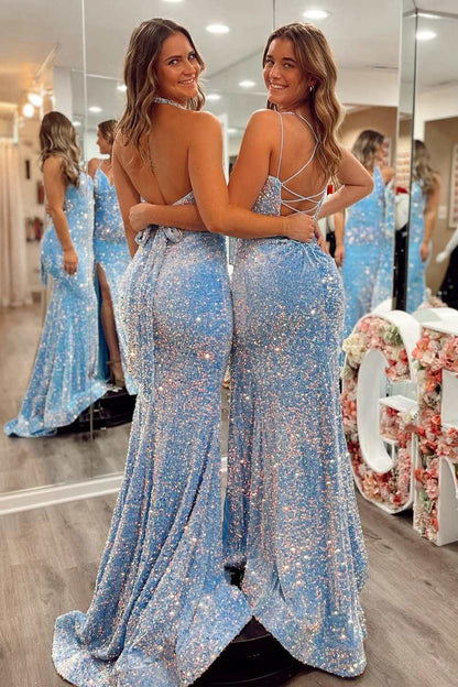 light blue sequin prom dress Mermaid Long Formal Ohmollydress Homecoming Dresses Designer Light Blue Sequin Mermaid Long