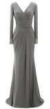 Women Long Mother of Bride Dresses Green Grey Long Sleeve V Neck Evening Dress