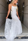 White Tulle Backless Long Mermaid Prom Dresses with Lace Appliques,Gala Dress